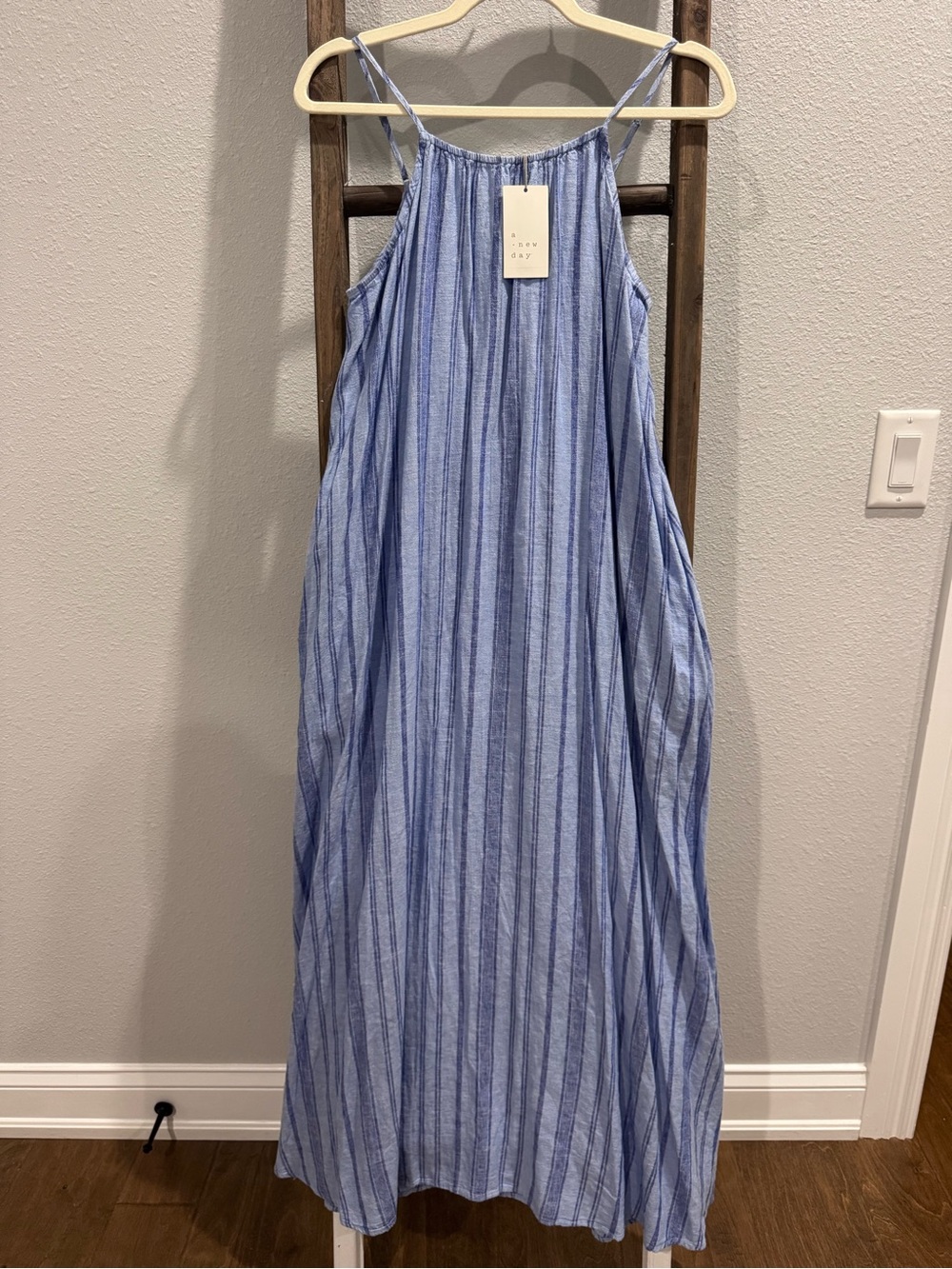 A new day Blue and White Striped Off-Shoulder Maxi Dress: small